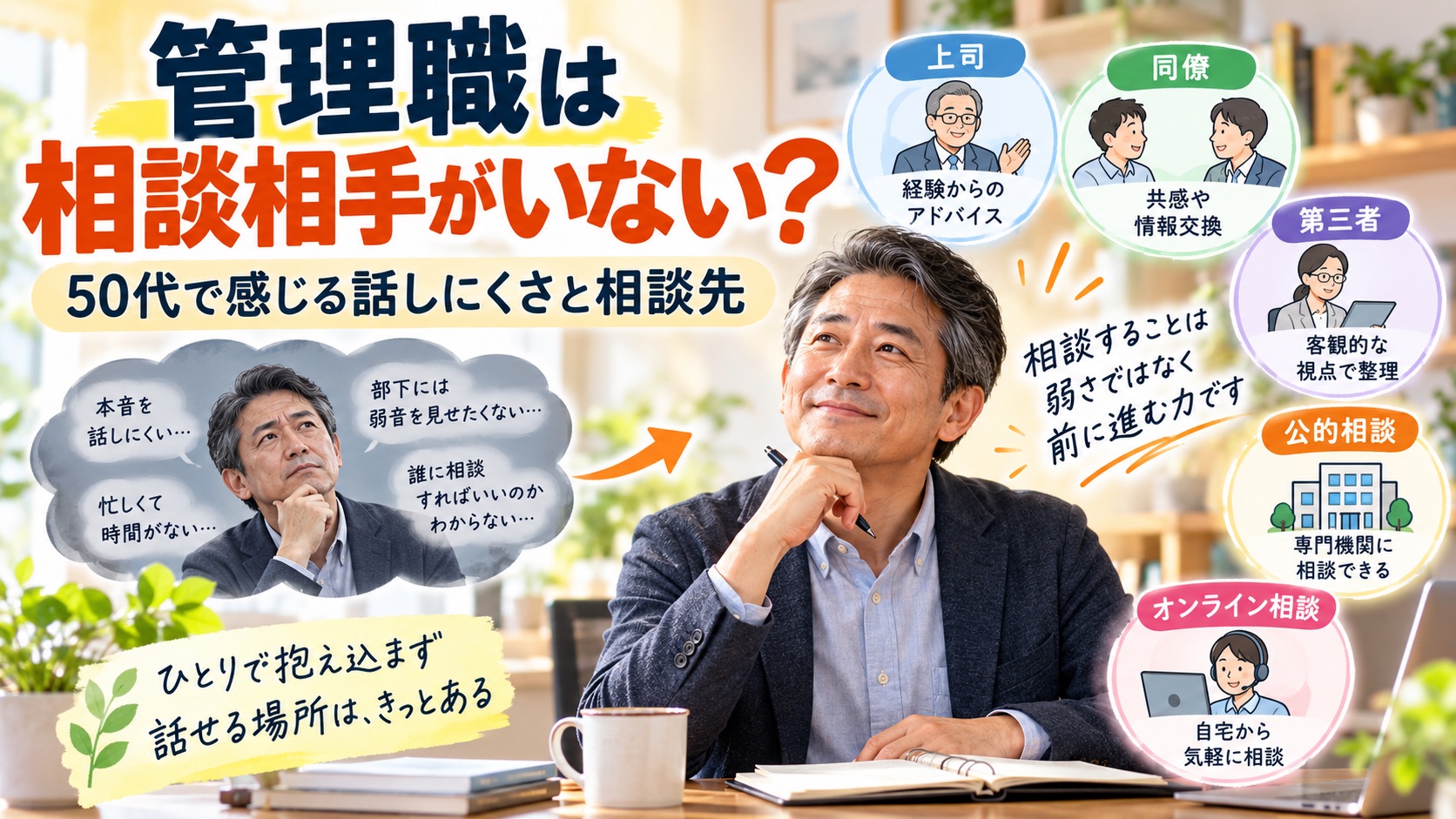 50代の管理職が一人で悩みを抱え込みながらも、上司・同僚・第三者・公的相談・オンライン相談などの相談先を考えているイメージ