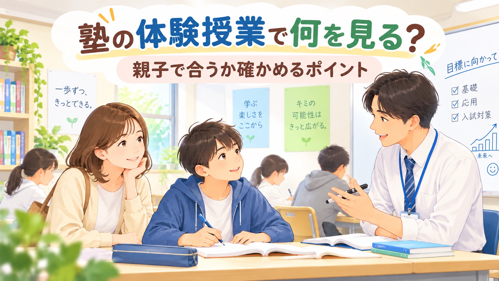 塾の体験授業で、中学生と保護者が先生の教え方や質問のしやすさ、子どもとの相性を確認しているイメージ